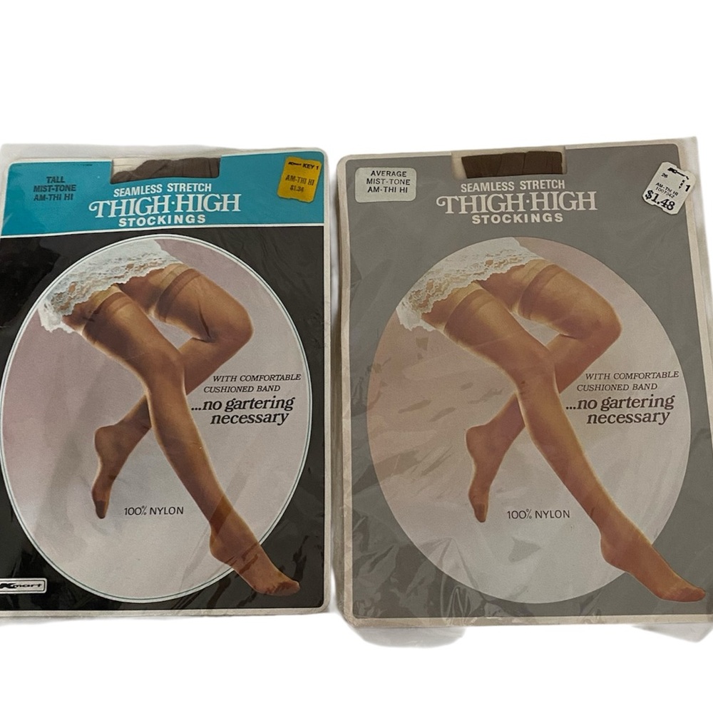 VINTAGE 2 Kmart NWT NOS Seamless Stretch Thigh High Stockings Tan Tall Average